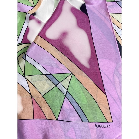 LOREDANO Women's Purple/Green Geometric Floral Leaf Silk LUXURY Scarf - Picture 8 of 9